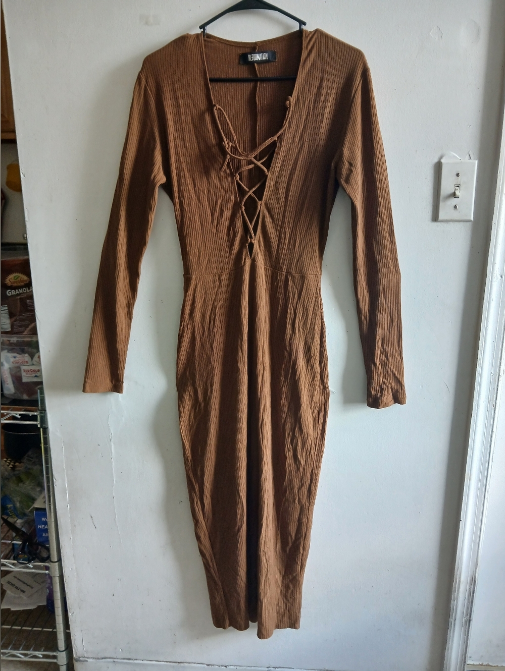 Reformation Lace-Up Ribbed Long Sleeve Dress - Brown